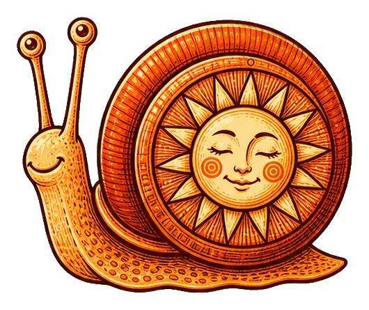 Whimsical snail with a smiling sun shell in warm orange tones