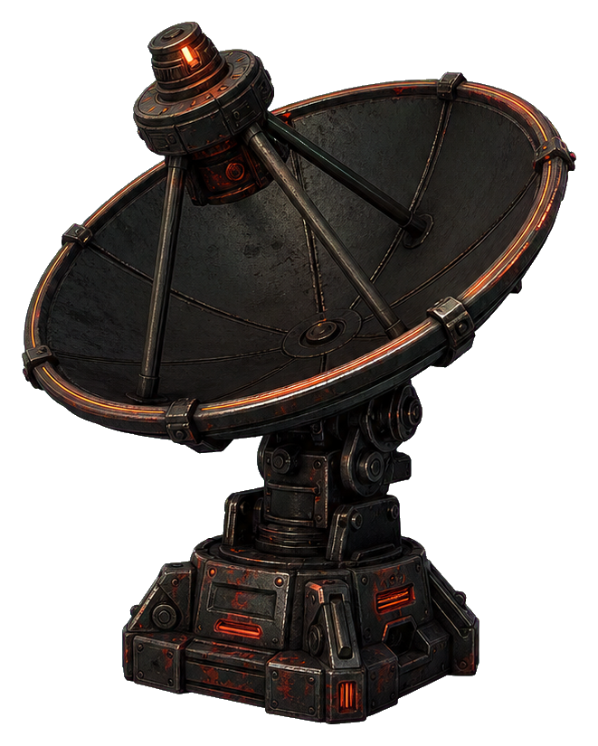 Dark sci fi satellite dish with orange glowing accents on a mechanical base