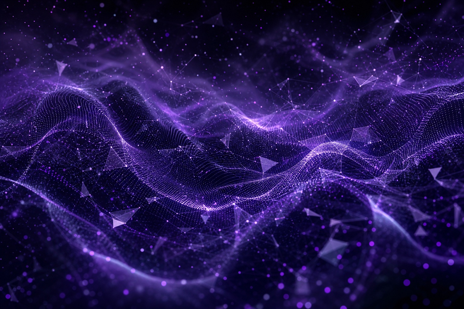 Violet and black abstract waves of glowing particles and geometric points