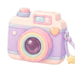 Pastel kawaii camera sticker with a heart charm and soft rainbow details.
