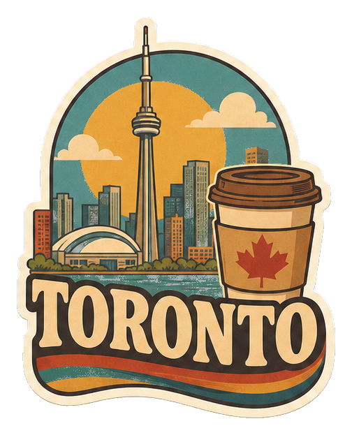 Retro Toronto word art with skyline and a coffee cup illustration.