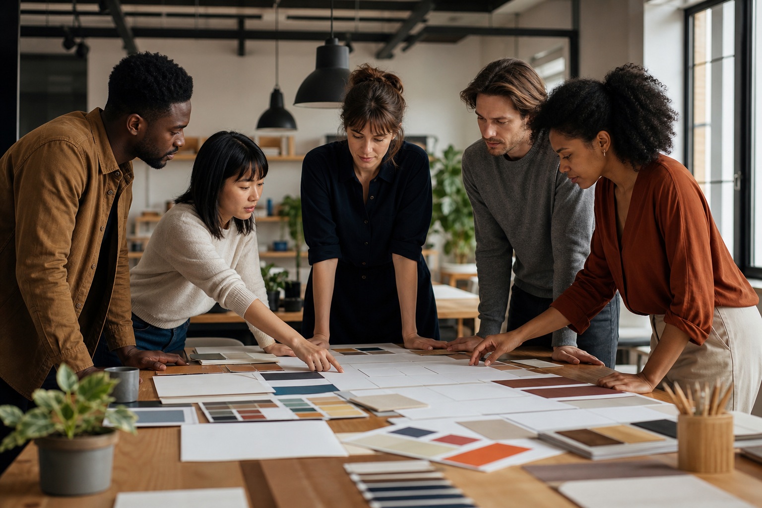 Five coworkers leaning over a table covered with design pages in a meeting room