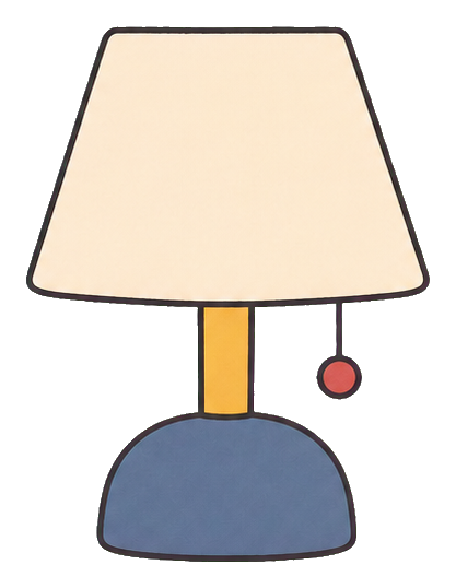 Minimal bedside lamp with beige shade, blue base, and a pull cord