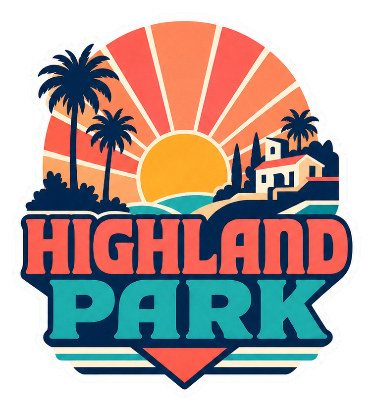 Retro Highland Park sun graphic with palm trees and bold text