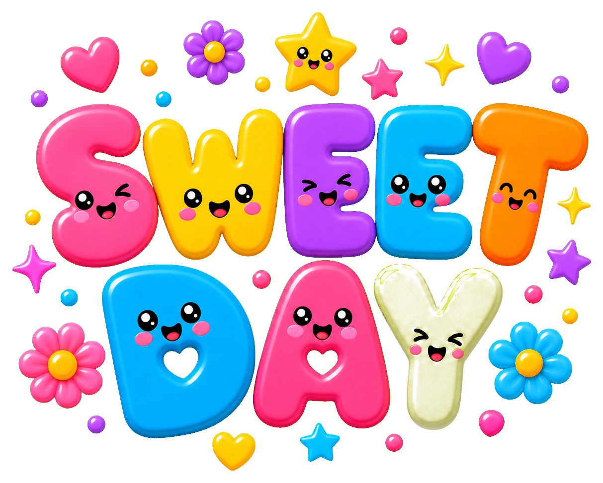 Colorful Sweet Day word art with smiling letters, hearts, flowers, and stars.