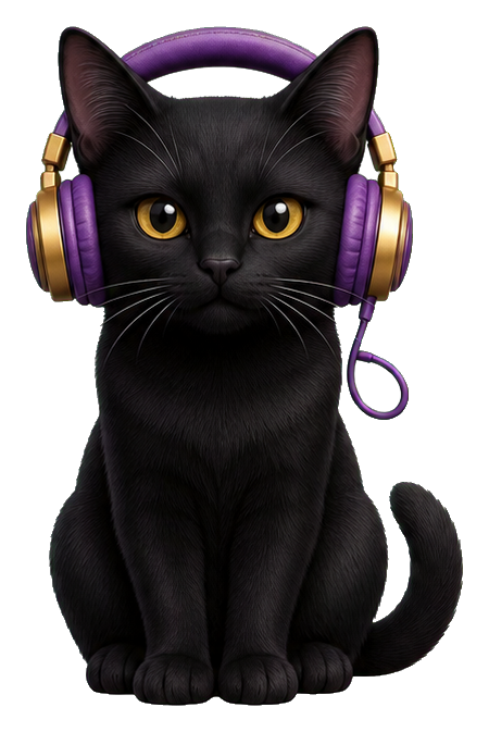 Black cat wearing purple headphones, sitting upright and facing forward.