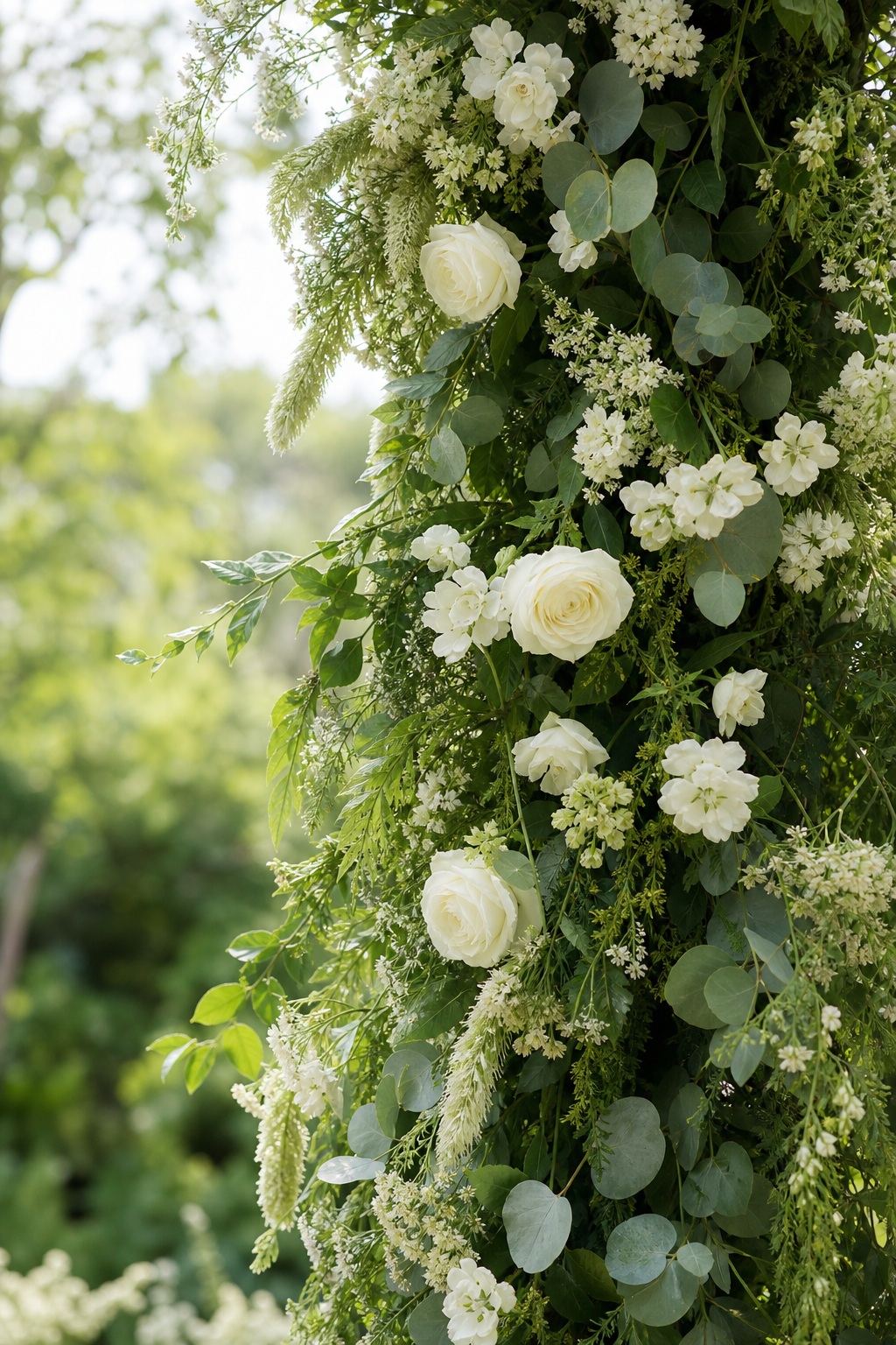 Vertical garden arch covered with eucalyptus leaves and white flowers in soft outdoor light.