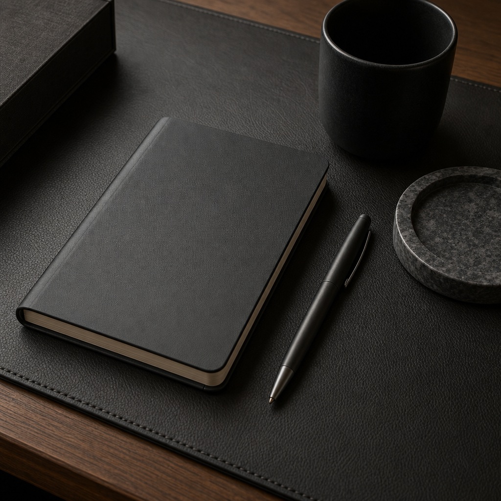 Charcoal desk with notebook, pen, cup, and coaster in a minimal office scene