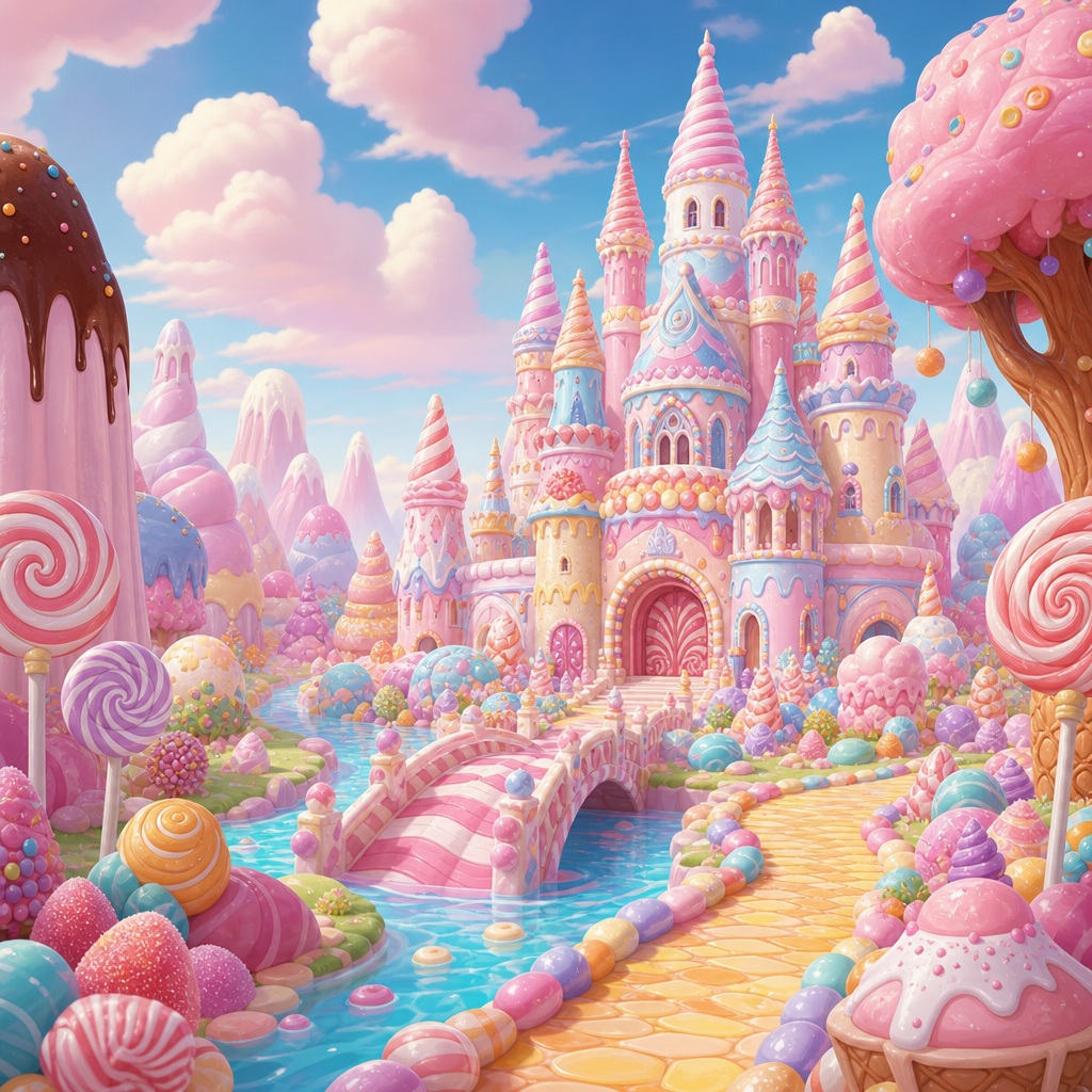 Pastel candy castle with lollipop paths, sweets, and whimsical cartoon scenery