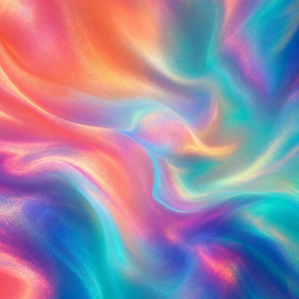 Abstract holographic gradient with coral, teal, pink, and blue flowing folds