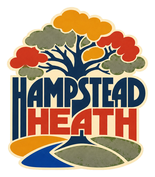Retro Hampstead Heath text sticker with colorful stylized trees and landscape shapes.