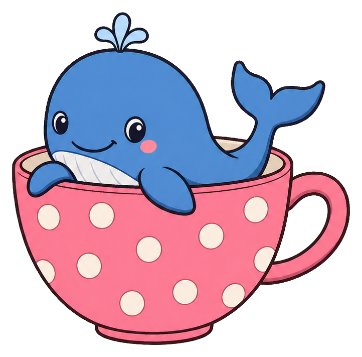 Cute blue whale sitting in a pink polka dot teacup with a smiling face.