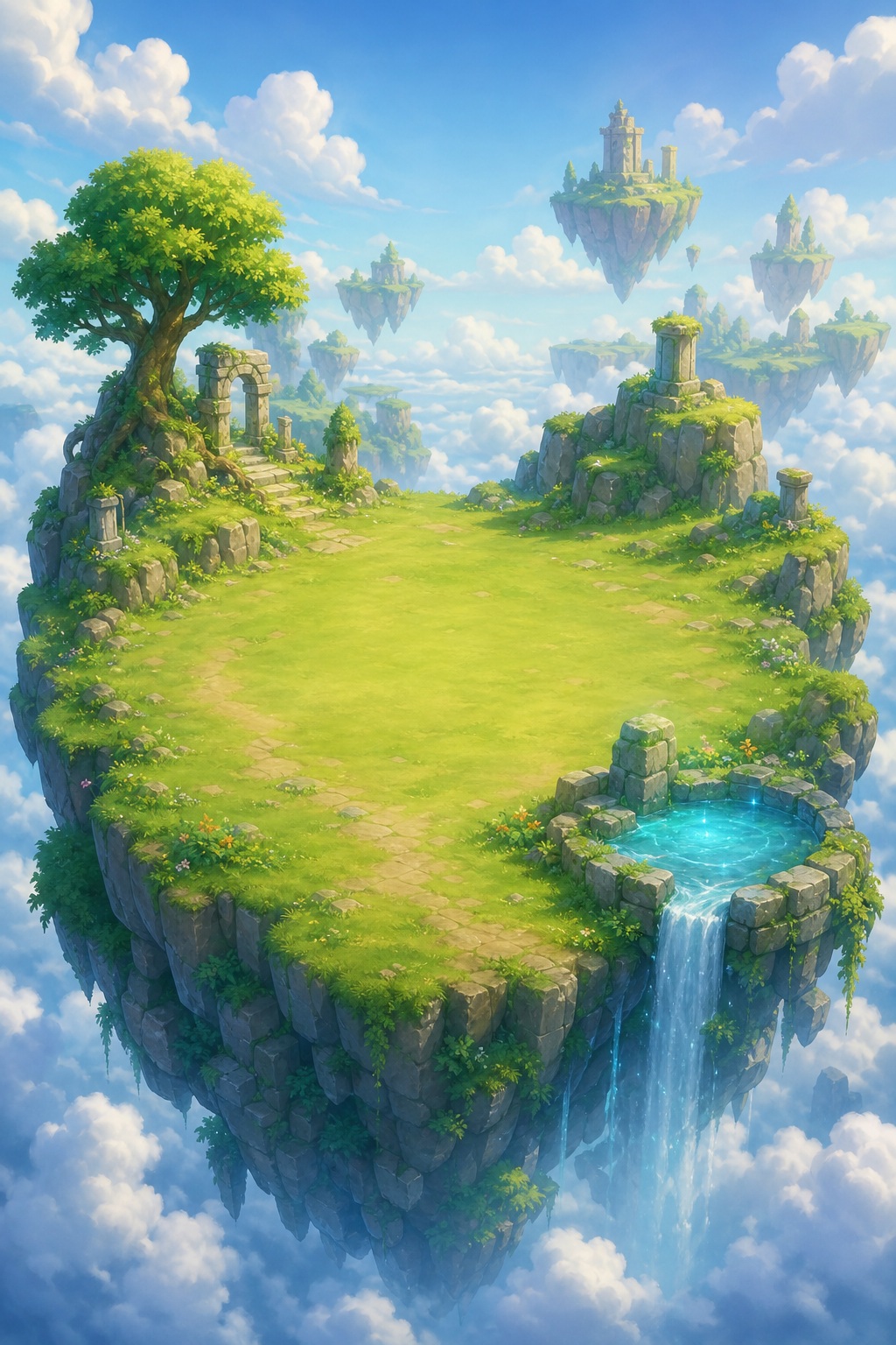 Floating grassy island with a tree, cliffs, clouds, and a waterfall under a bright sky.