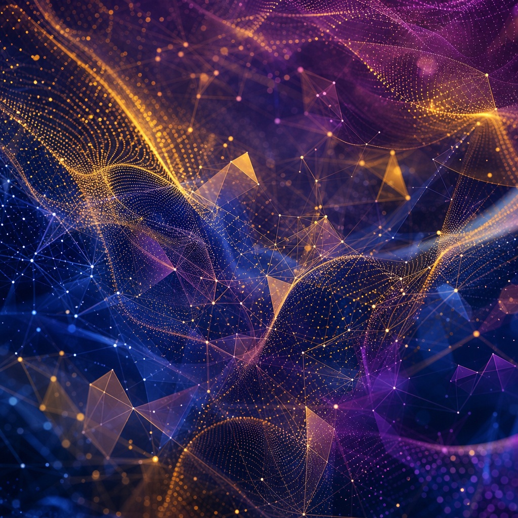 Gold and indigo geometric particles and lines forming a futuristic abstract network.
