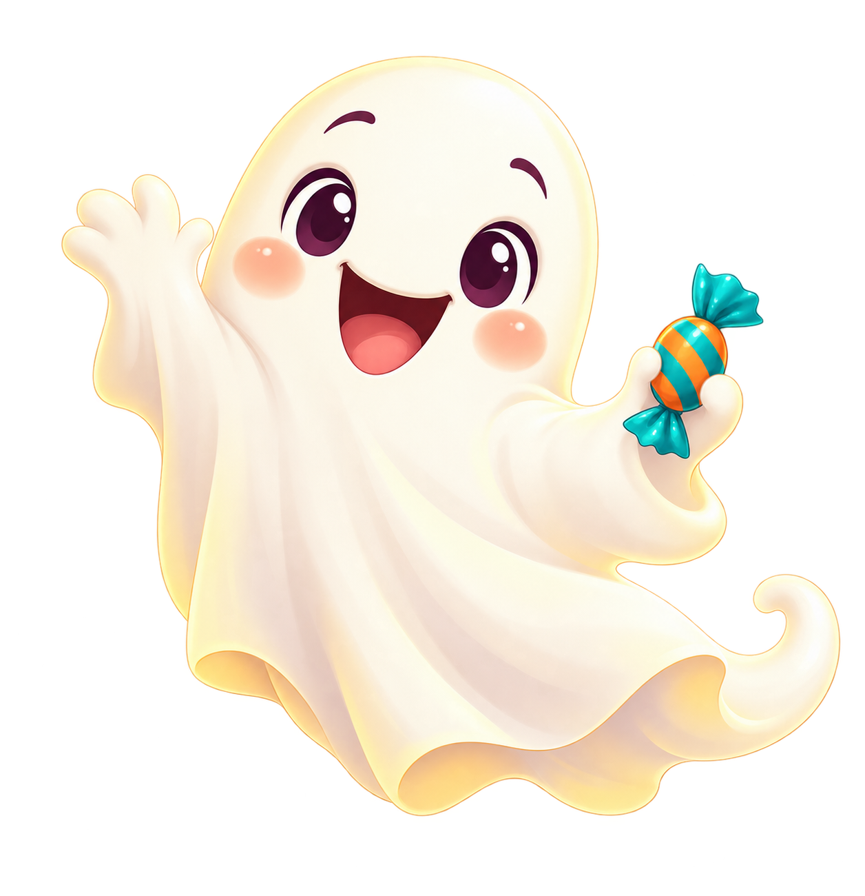 Preview for Laughing Cream Ghost Offering A Teal Wrapped Candy