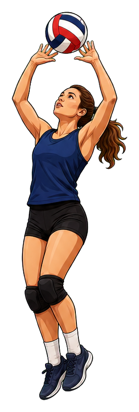 Cartoon volleyball player jumping with arms raised to hit a volleyball.