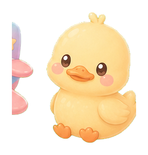 Cute yellow duck sticker with rosy cheeks, big eyes, and tiny feet.