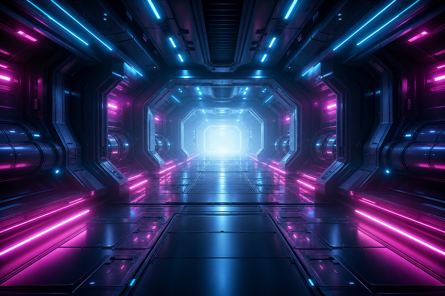 Glowing neon sci-fi corridor with blue and pink lights in a futuristic tunnel