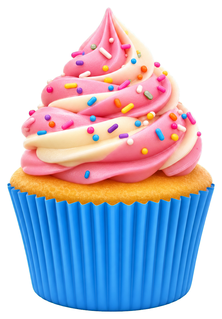 A pink frosted cupcake with colorful sprinkles in a blue wrapper