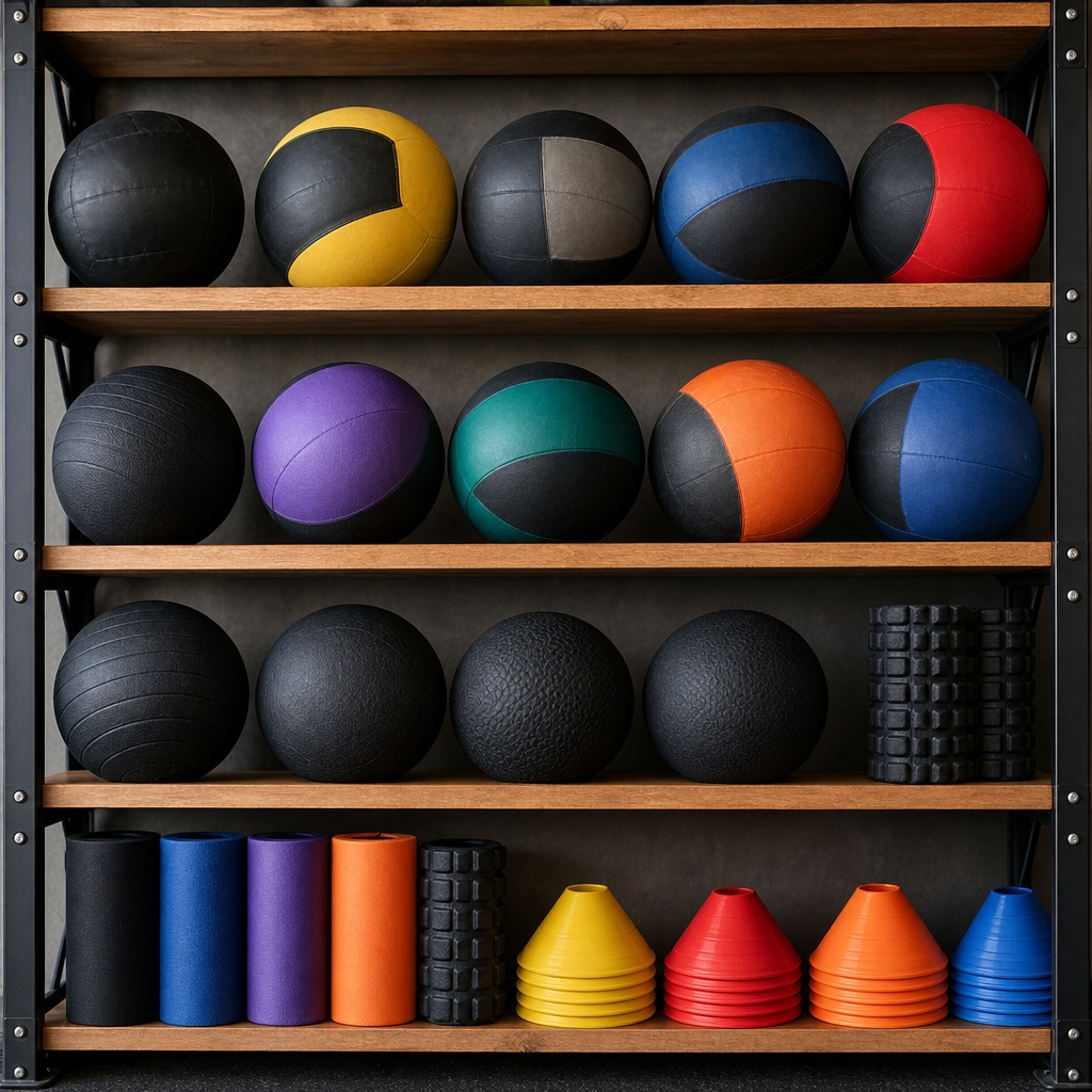 Shelves holding medicine balls and colorful training gear in a fitness studio