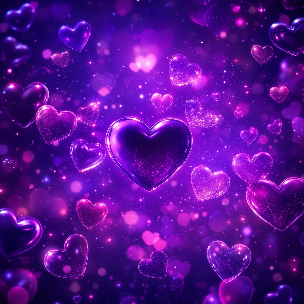 Glowing purple neon hearts floating around a larger heart on a dark background