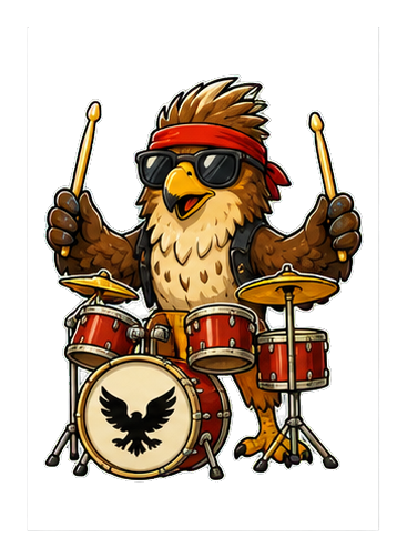 Cartoon hawk wearing sunglasses and a headband while playing a red drum set