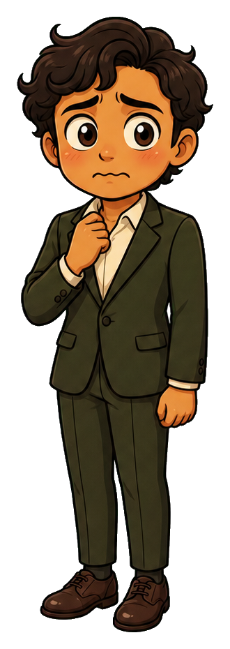 A nervous adult in a dark formal suit holding their collar