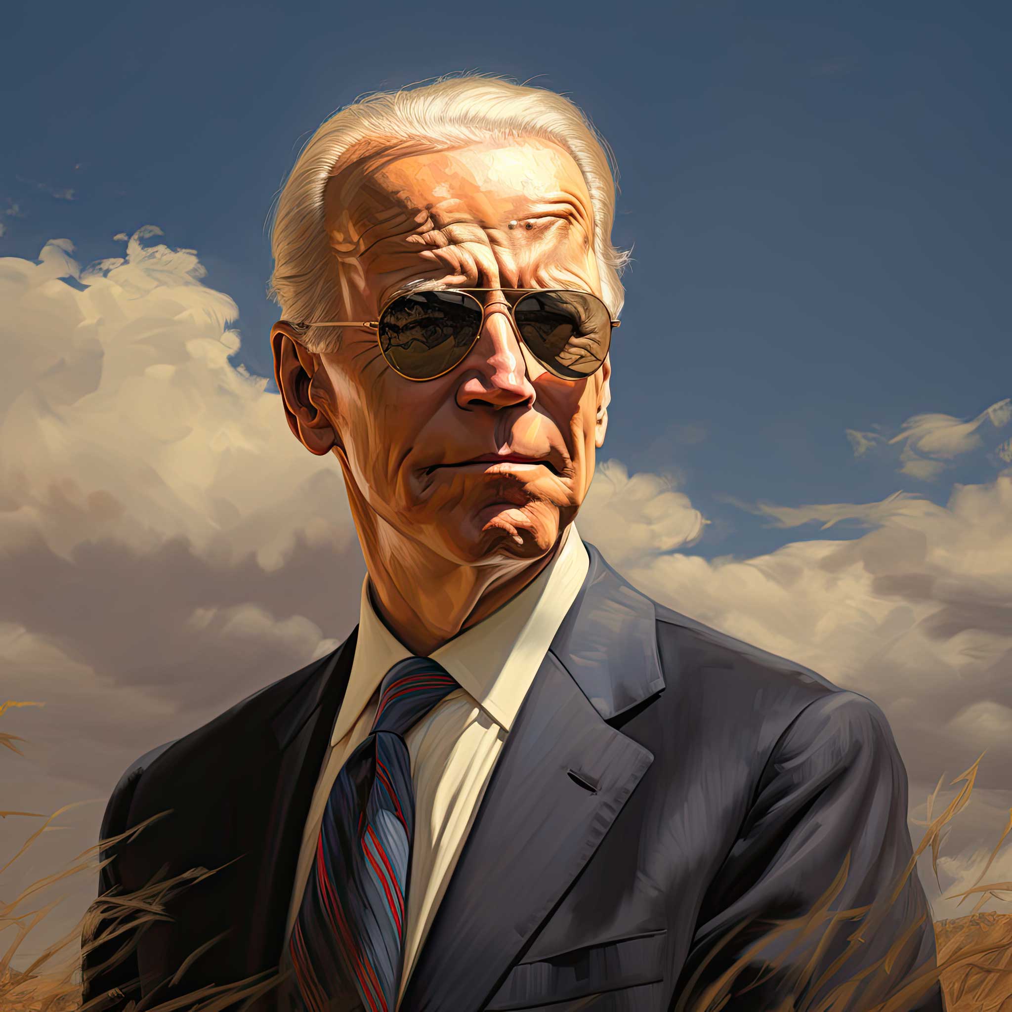 Stylized portrait of Joe Biden in a suit against a cloudy sky background.