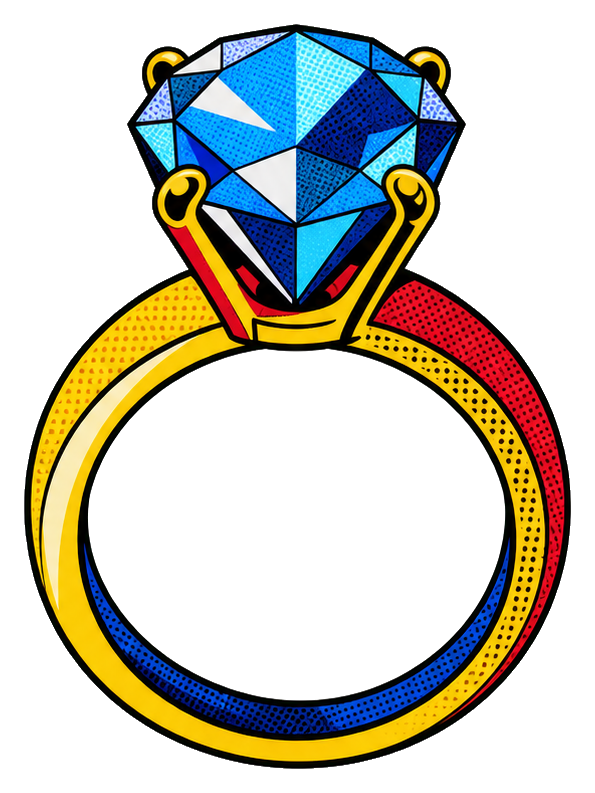 Colorful diamond ring with a blue faceted gem in pop art style