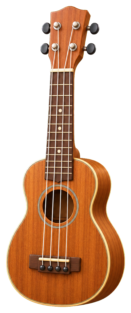 Brown ukulele with four strings and a wooden body on a transparent background