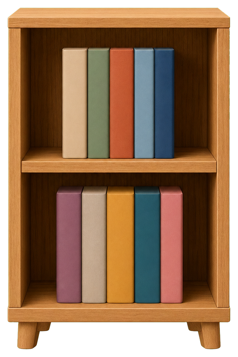 Wooden bookshelf with colorful books on two shelves