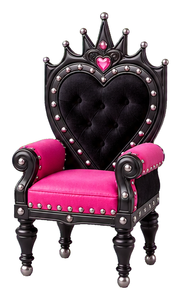 Black heart-shaped throne chair with pink seat and crown-like top detail