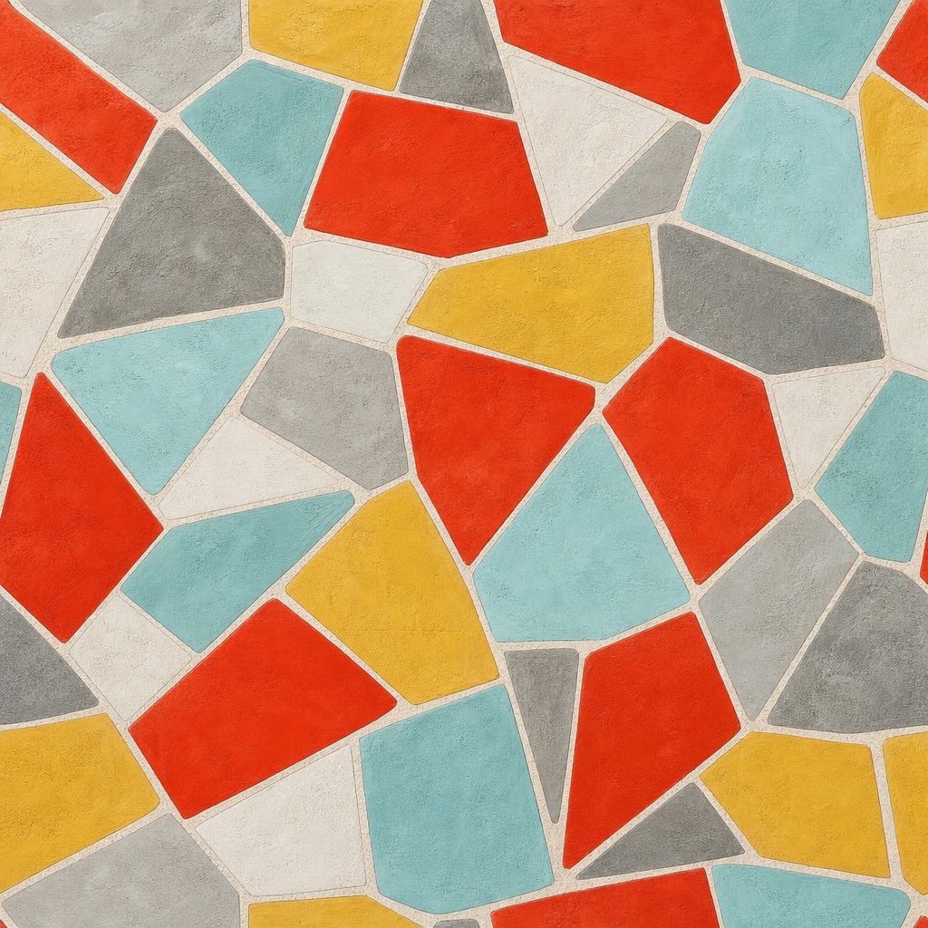 Abstract mosaic of irregular geometric shapes in coral, teal, gray, and yellow