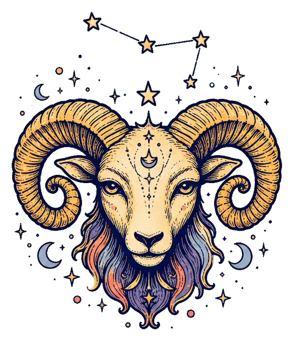 Illustrated ram head with curled horns surrounded by stars and moons on a dark cosmic background.