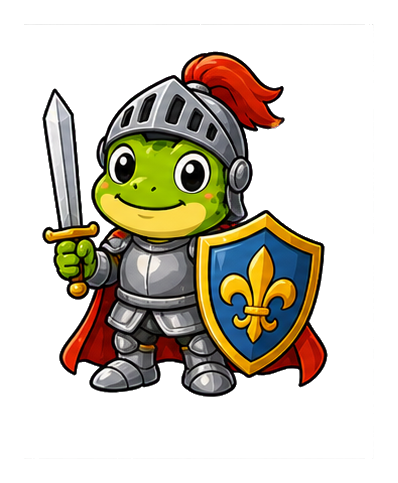Cartoon frog in knight armor holding a sword and shield.