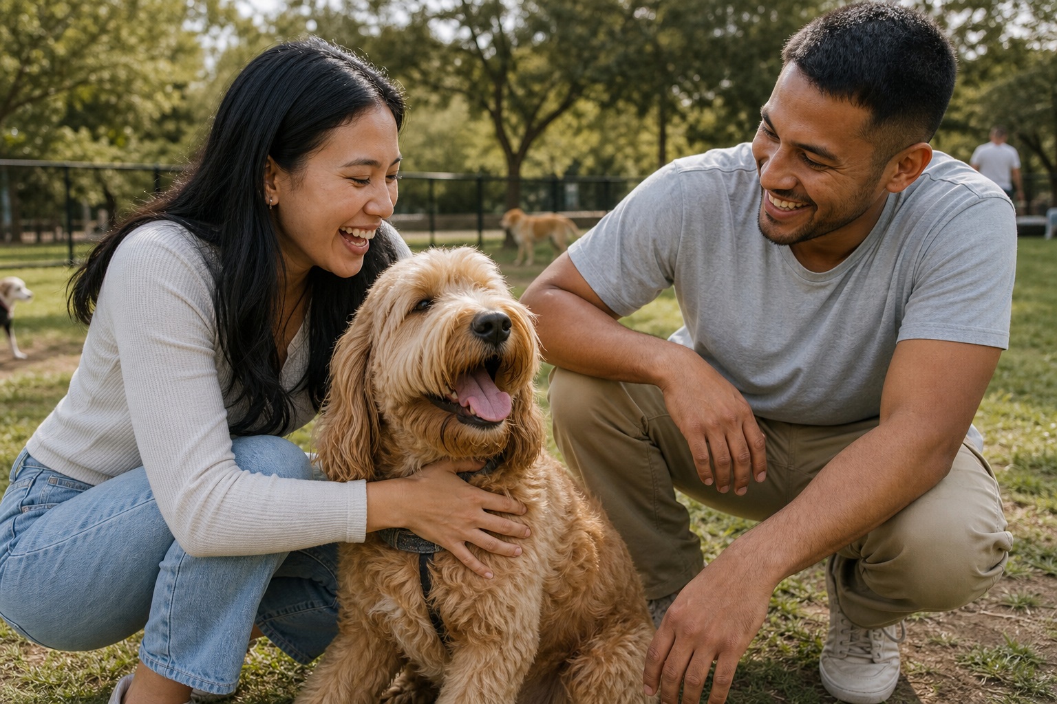 Smiling couple crouches with a fluffy dog in a grassy park