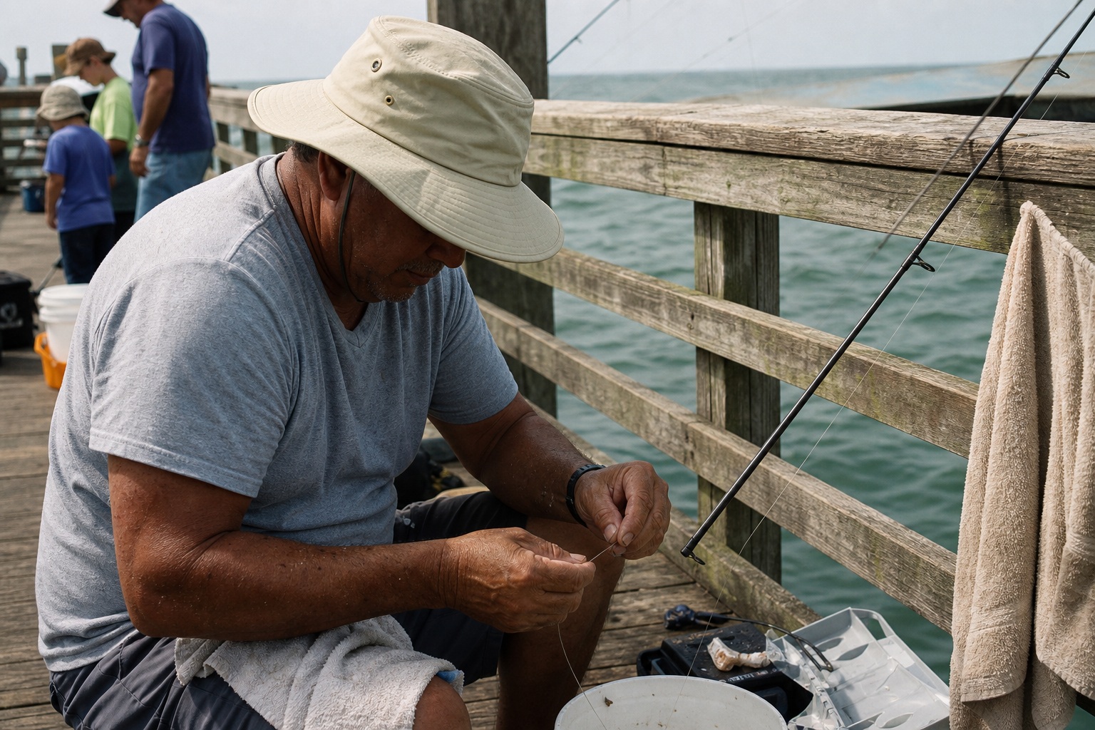 A man seated on a weathered wooden pier tying fishing line beside the ocean.