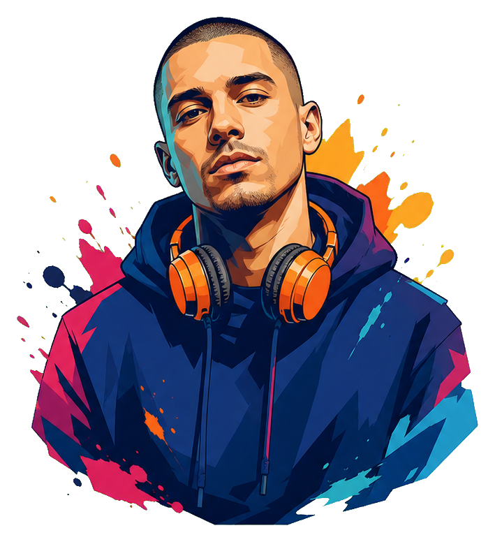 Colorful illustration of a buzz cut hip hop producer wearing orange headphones