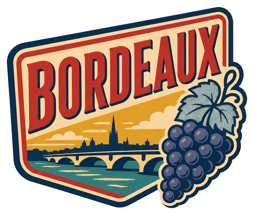 Retro Bordeaux badge with grapes, skyline, and bold vintage text