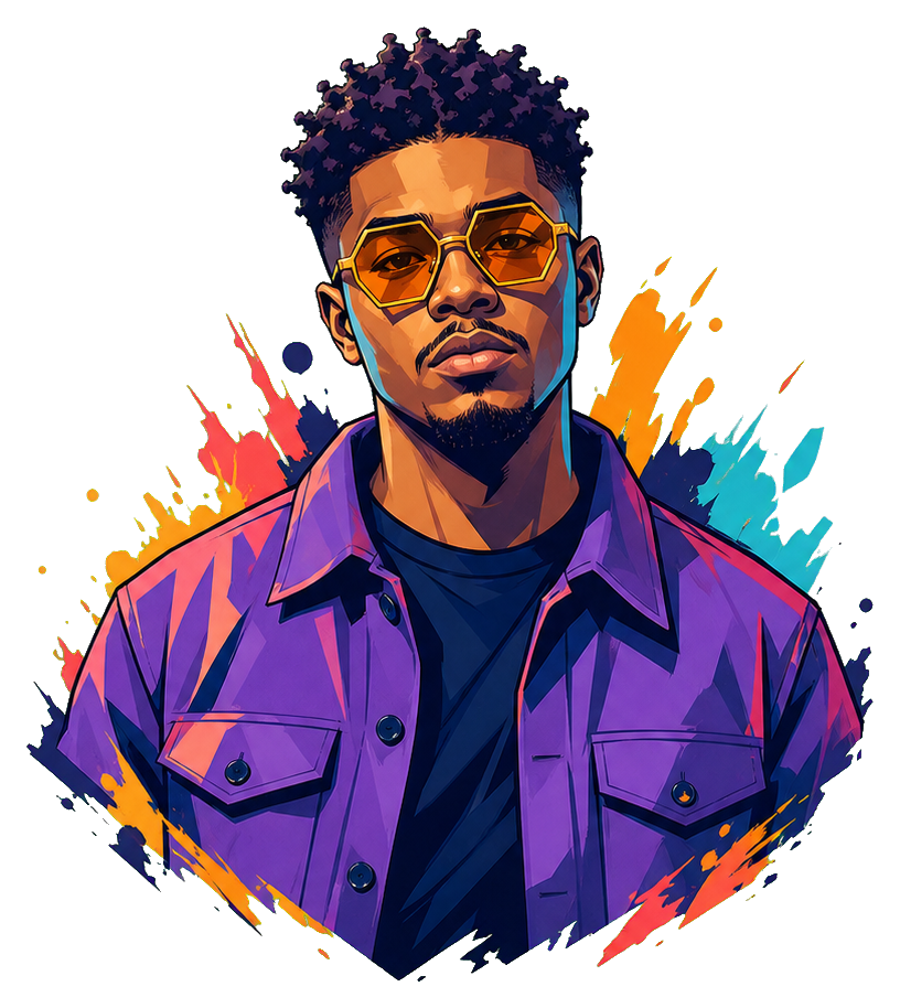 Colorful hip hop beatmaker portrait wearing hex glasses and a purple jacket