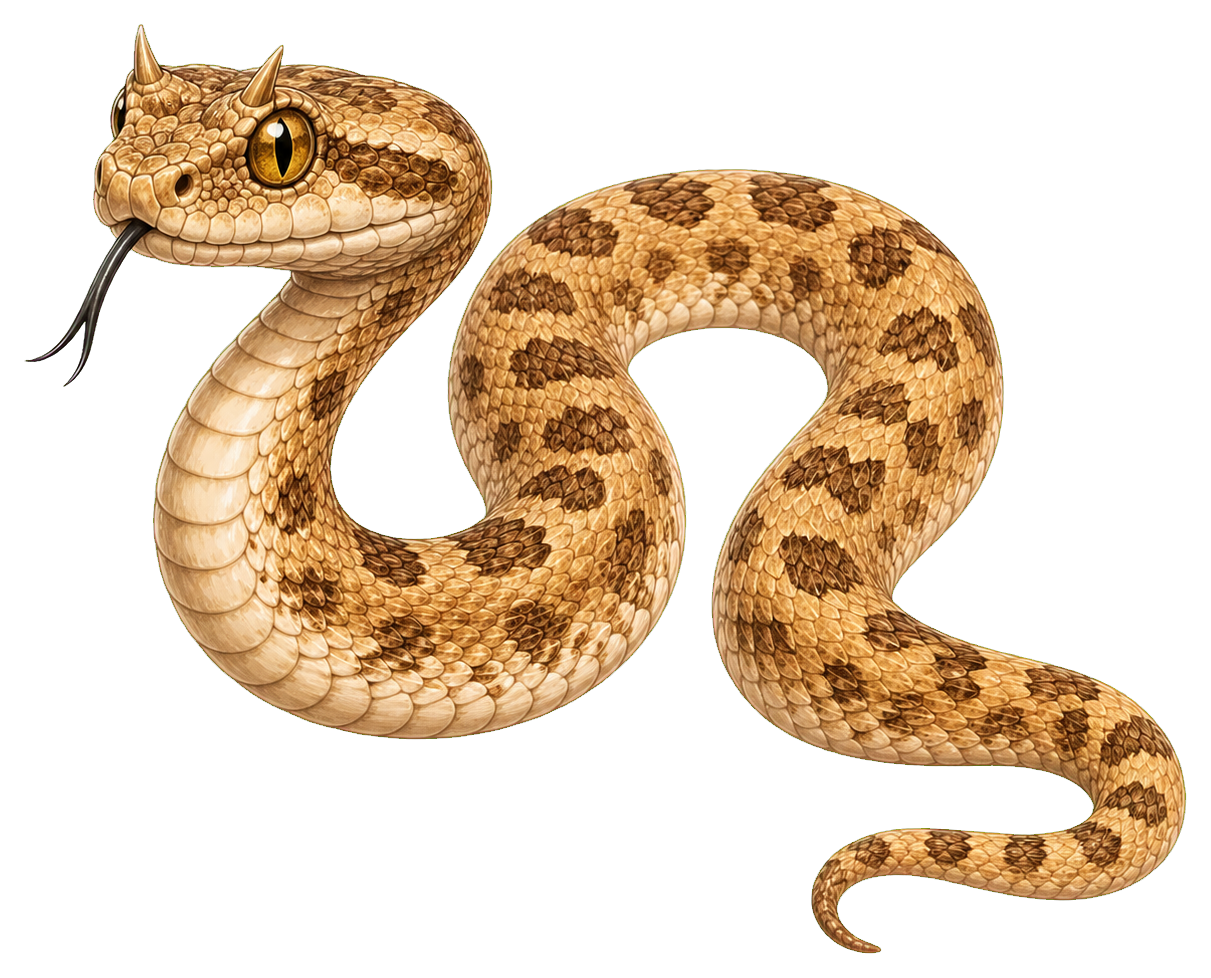 Coiled sand-colored viper with spotted markings and a raised head.