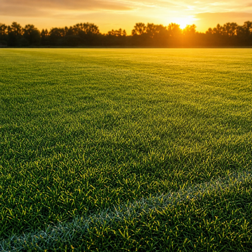 Sunlit soccer field with green and golden grass stretching toward the horizon