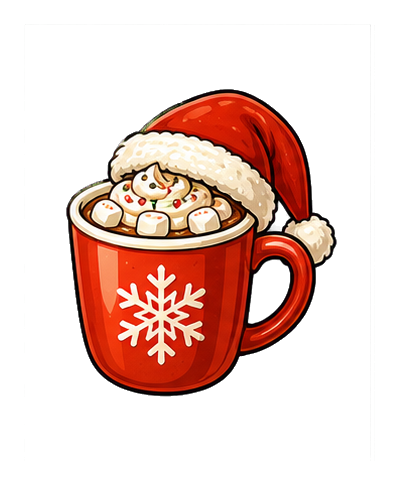 Red mug with snowflake and a Santa hat filled with marshmallows and a candy cane.