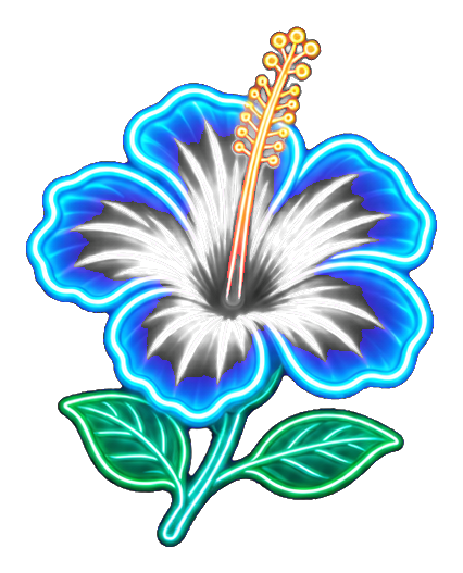 Stained glass style hibiscus flower with blue petals, red center, and green leaves
