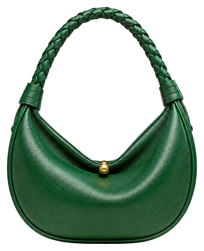 Emerald green crescent hobo handbag with braided strap and gold clasp