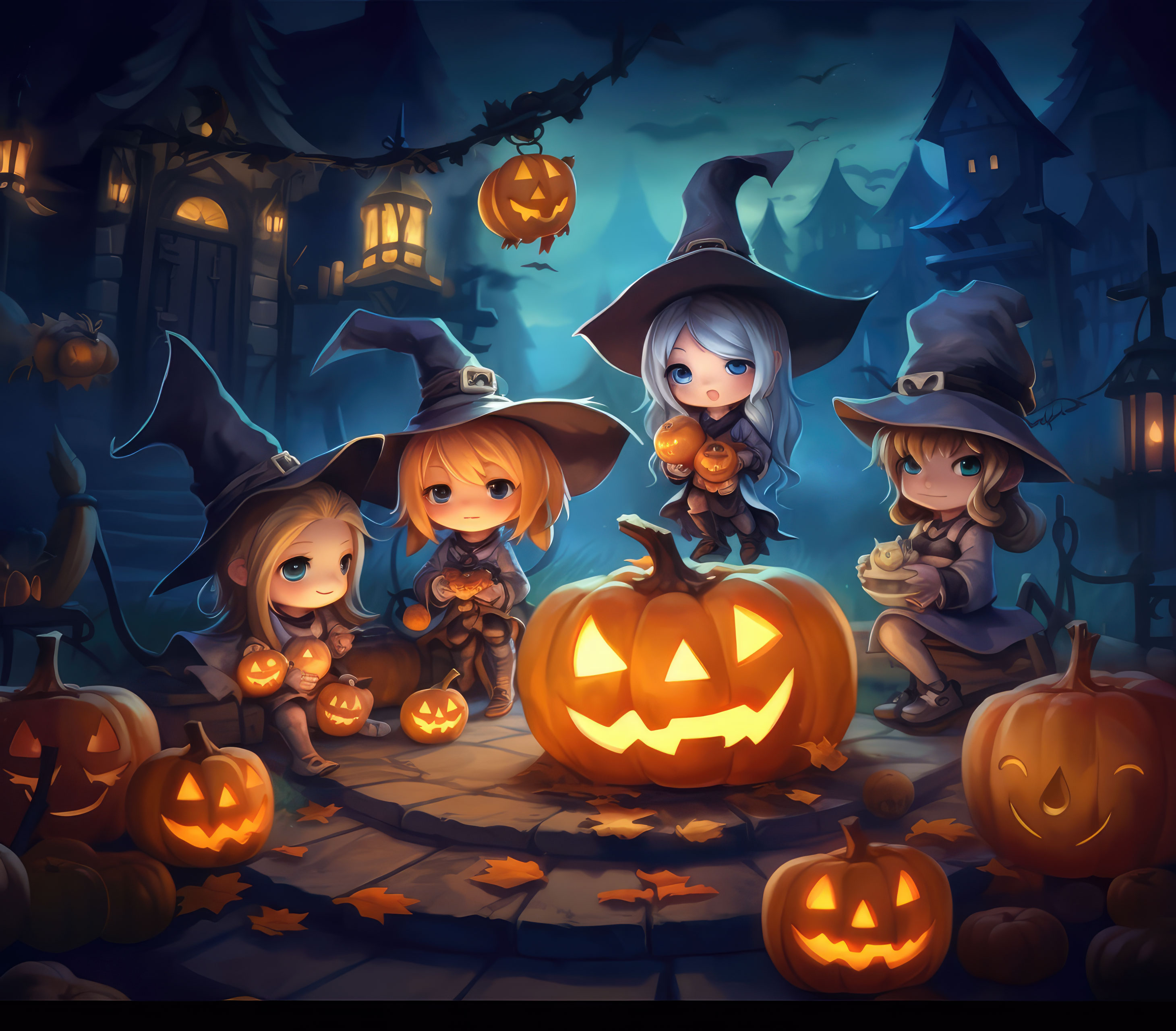 Preview for Cartoon-witches-halloween-pumpkins-cute-halloween-background-b1bb1
