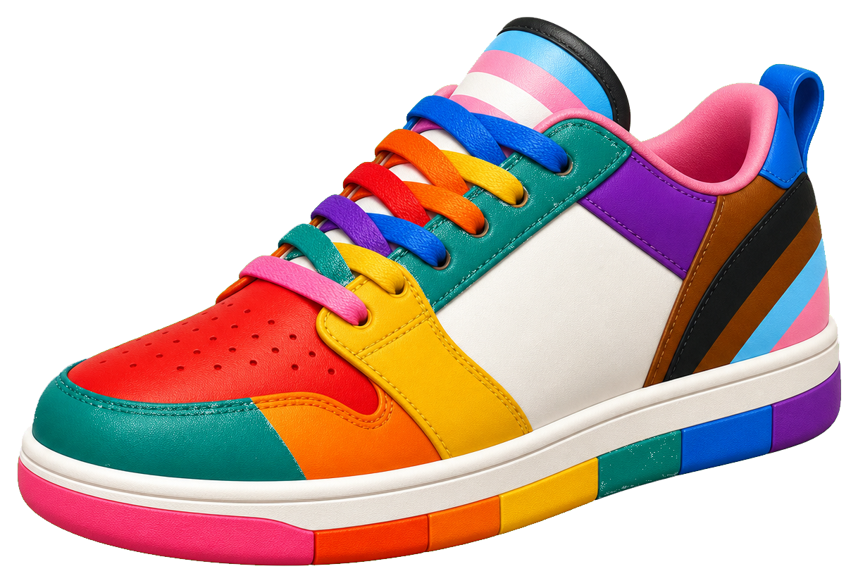 Colorful blank sneaker with rainbow tones and bright rainbow laces