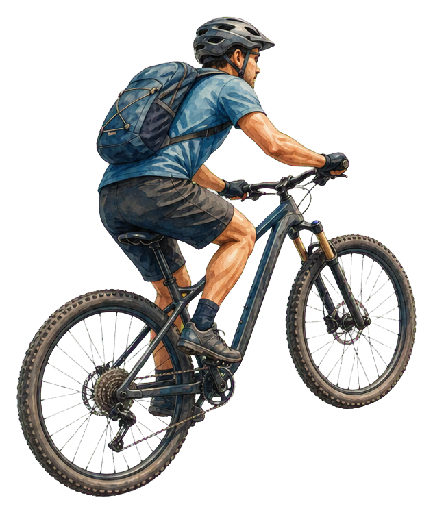Mountain biker riding uphill with a backpack on a transparent background.