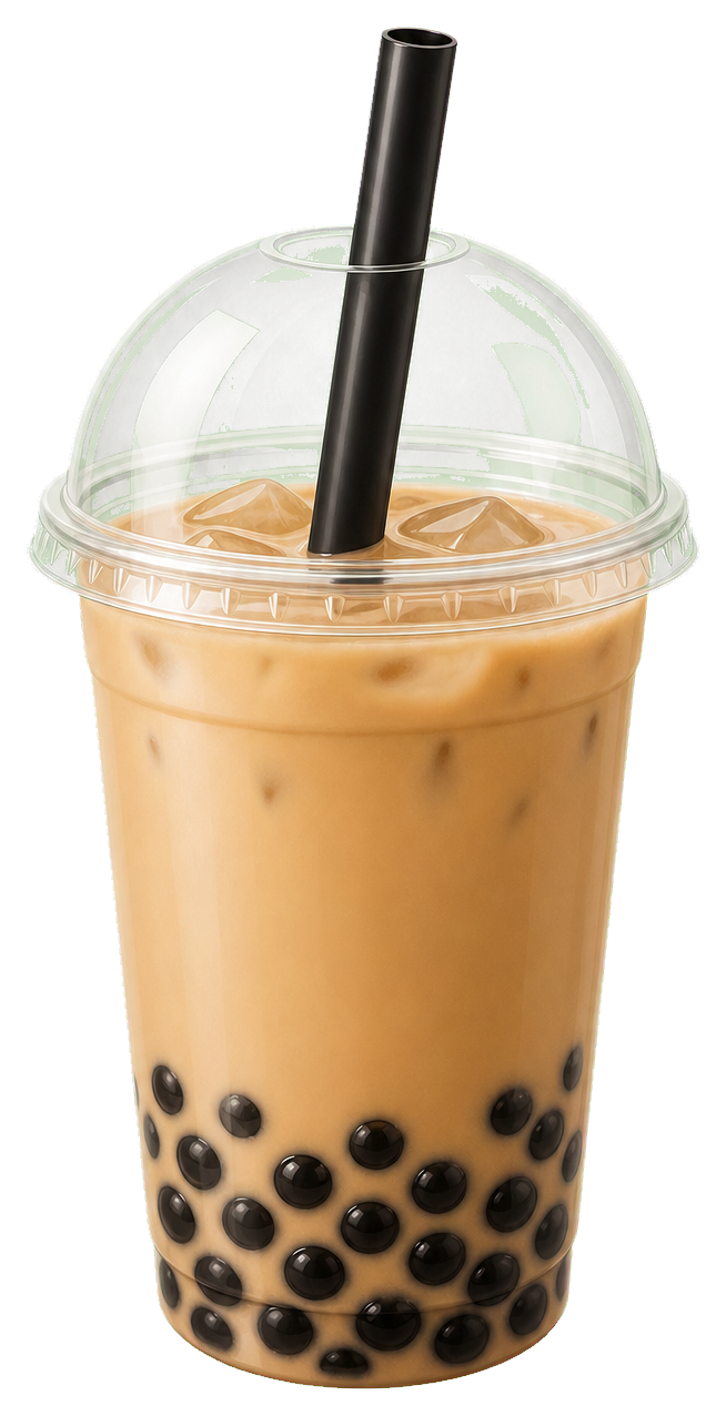 A plastic cup of bubble tea with black tapioca pearls and a straw