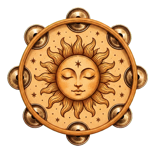Decorative sun face inside a tambourine with warm golden folk-art details